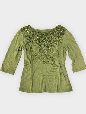 Vintage White Stag Embellished Paisley Boho Top Sage Green Size S